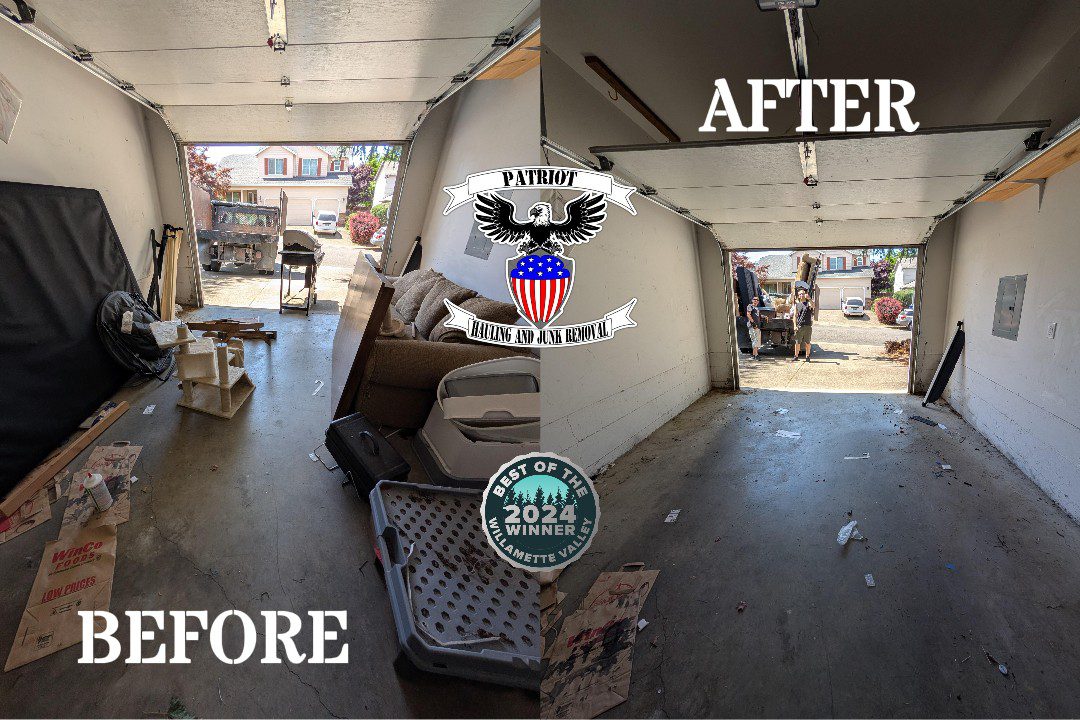 This shows the before and after of a garage cleanout in Salem Oregon. Also includes the seal for the winner of "Best of Willamette valley 2024"