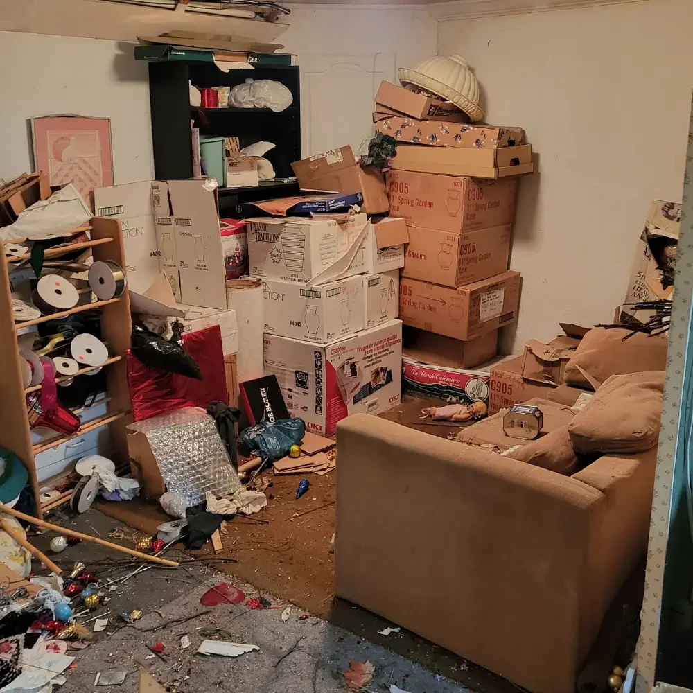Basement hoarding cleanout with furniture, appliances, and cardboard